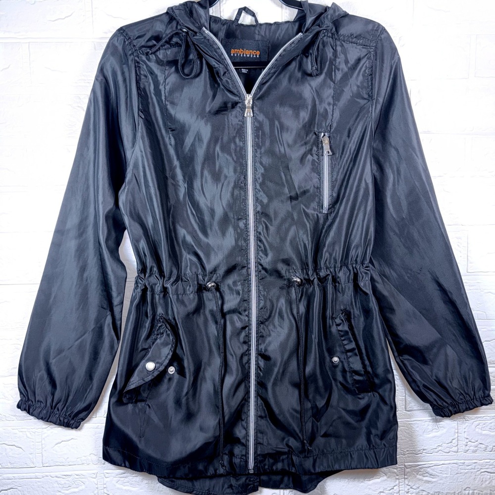 Ambiance Windbreaker Jacket Women M Black Lightweight Anorak Hooded Pocket